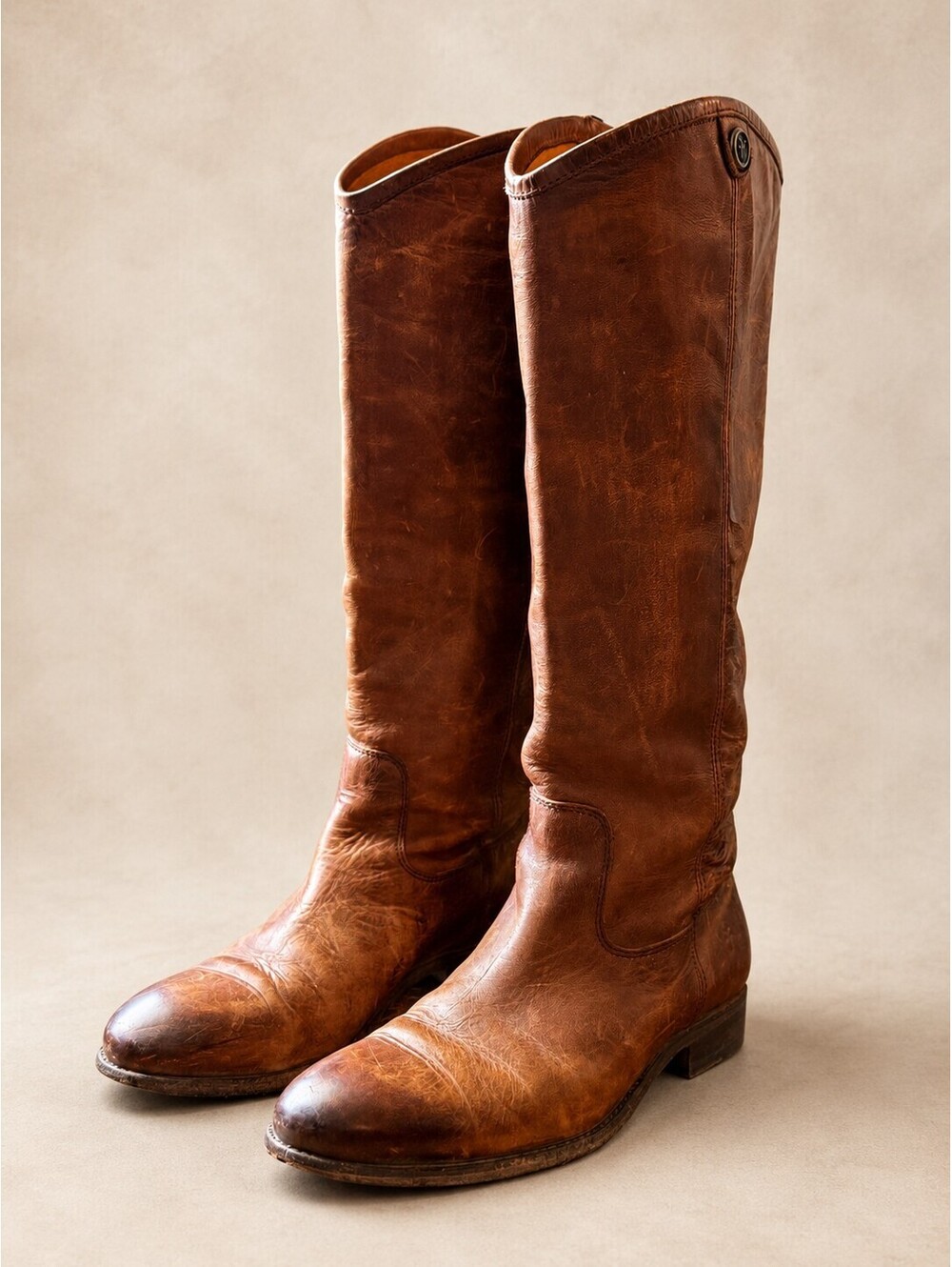 Frye Melissa Tall Cognac Leather Riding Boots 9B Distressed Western Equestrian